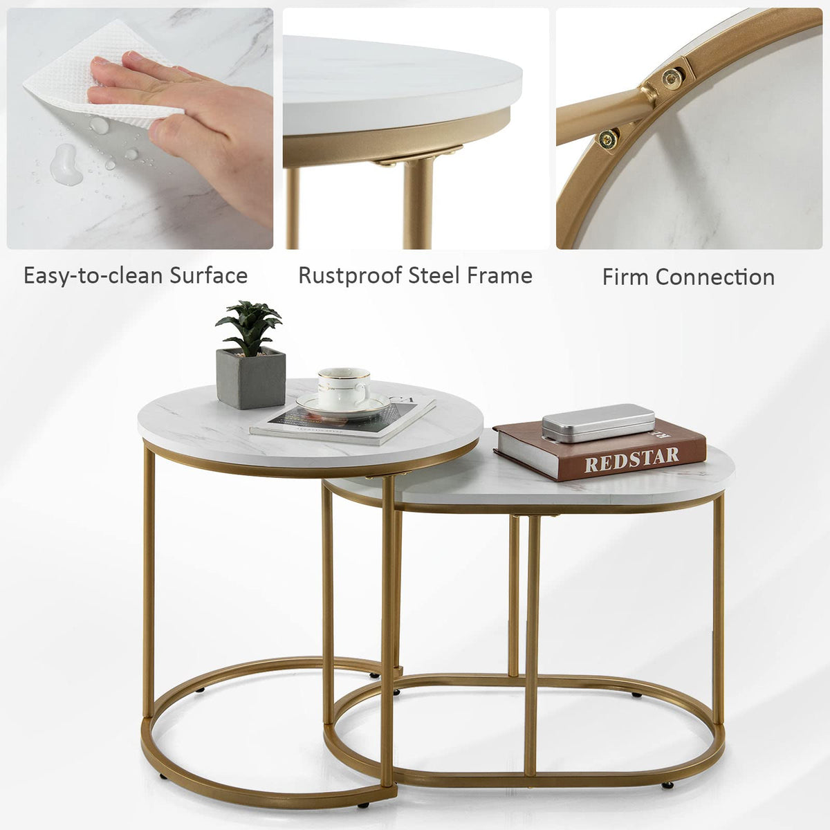 Goflame Modern Nesting Coffee Table Set of 2, Accent Marble Look Stacking Side Table for Living Room Bedroom