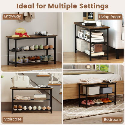 Goflame 3-Tier Shoe Bench 32" L Shoe Organizer Storage Bench with Metal Slat Shelves & Seat