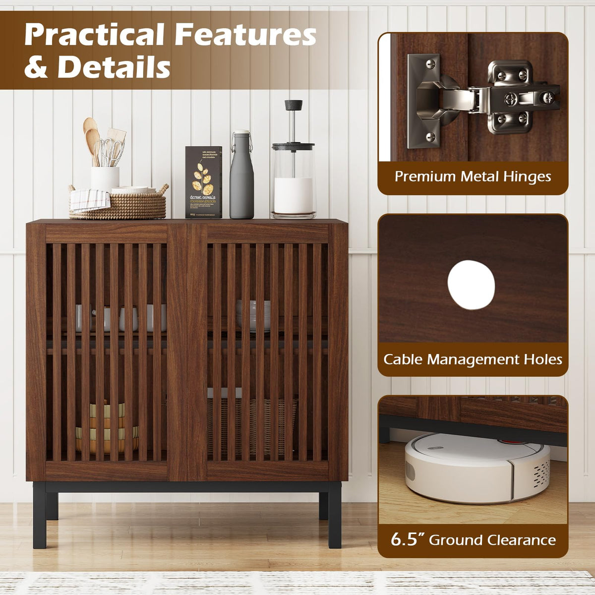 Goflame Sideboard Buffet Cabinet | 32" Farmhouse Coffee Bar with Slatted Doors