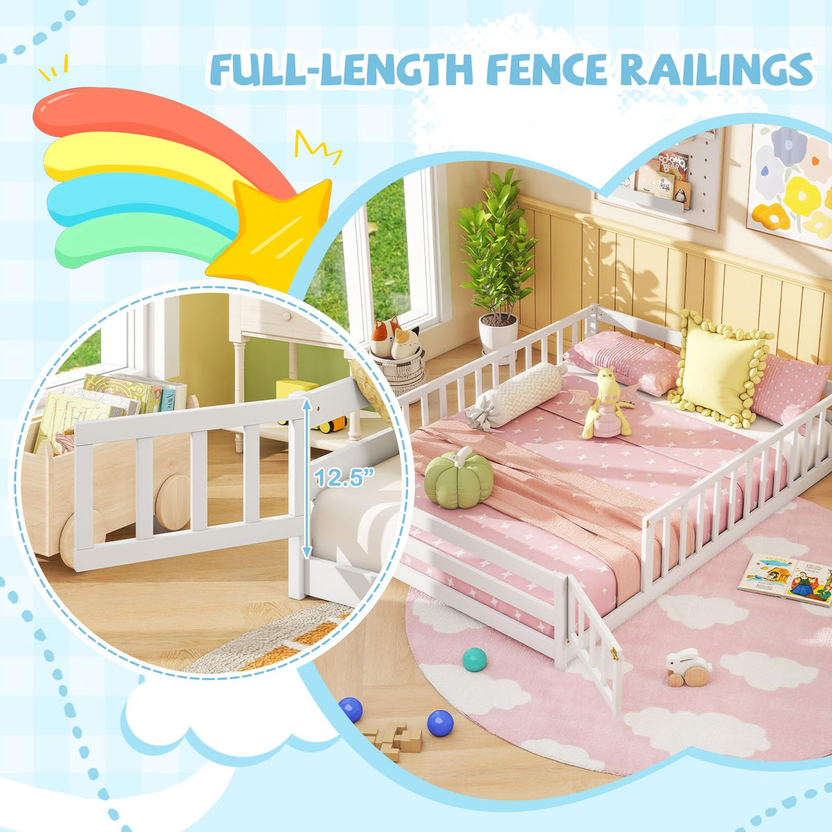 Goflame Floor Bed with Door & Fence Kids Wood Montessori Beds with Safety Guardrails