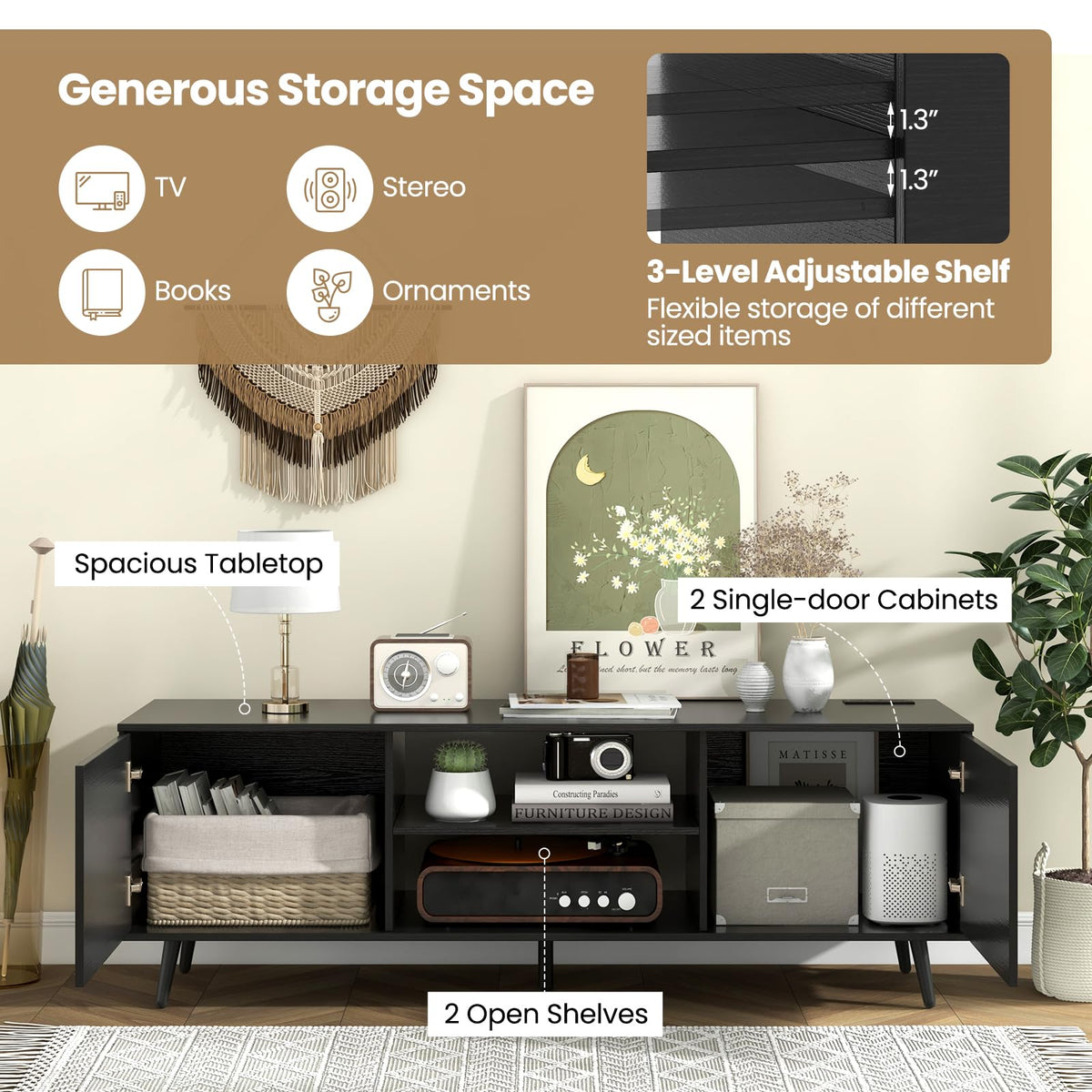 Goflame TV Stand with Power Outlet for TVs up to 60'', Entertainment Center with Cable Hole, Cabinets