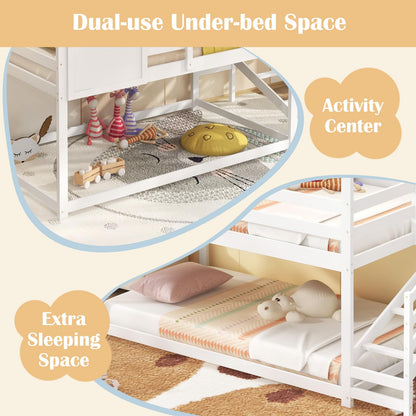 Goflame Twin Bunk Beds with Stairs, Floor House Bed with Roof & Window