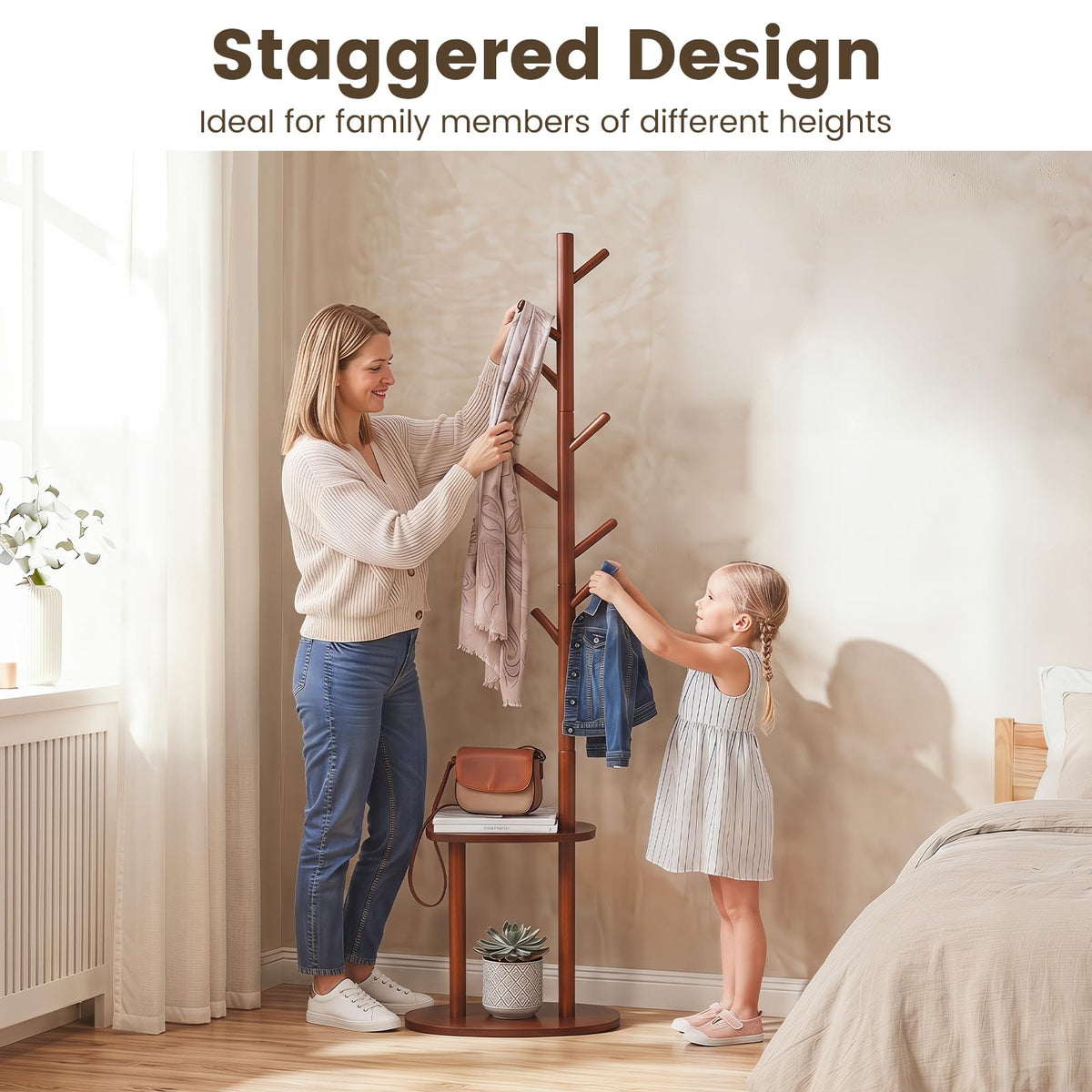 Goflame 70" Solid Wood Clothing Rack with 8 Hooks and 2 Storage Shelves