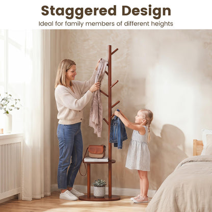 Goflame 70" Solid Wood Clothing Rack with 8 Hooks and 2 Storage Shelves