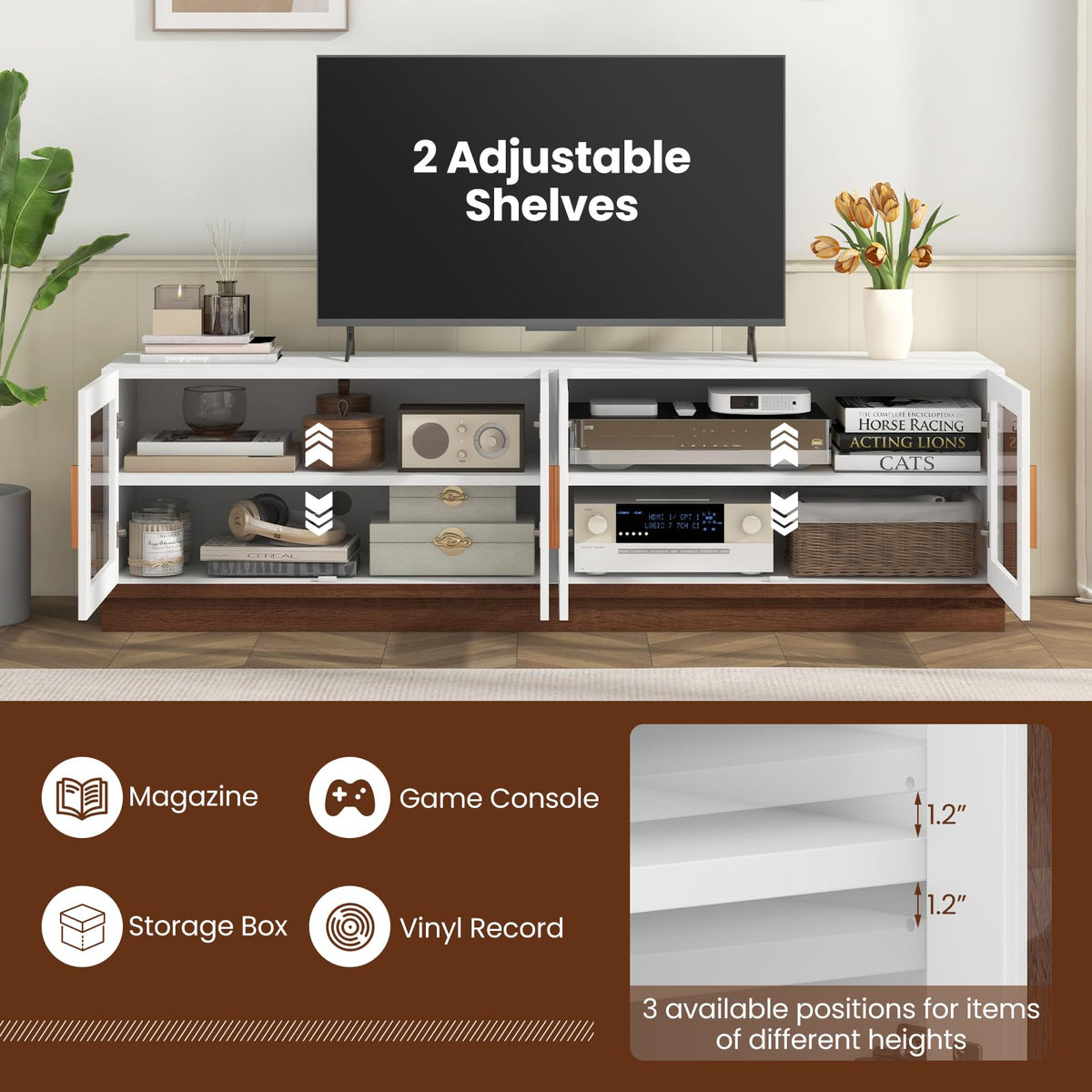 Goflame Large TV Stand for TVs up to 75”, Entertainment Center with 4 Tempered Glass Doors