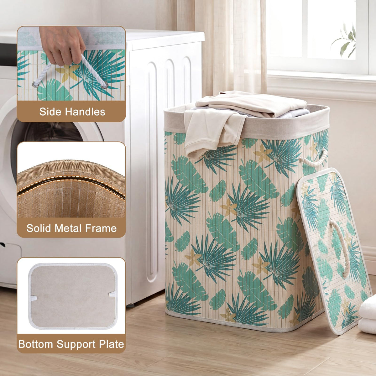Goflame 19 Gal Bamboo Laundry Hamper w/Removable Liner & Portable Handles