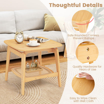 Goflame Rattan Side Table, Boho End Table with Storage Shelf, 2-Tier Bedside Table for Small Spaces