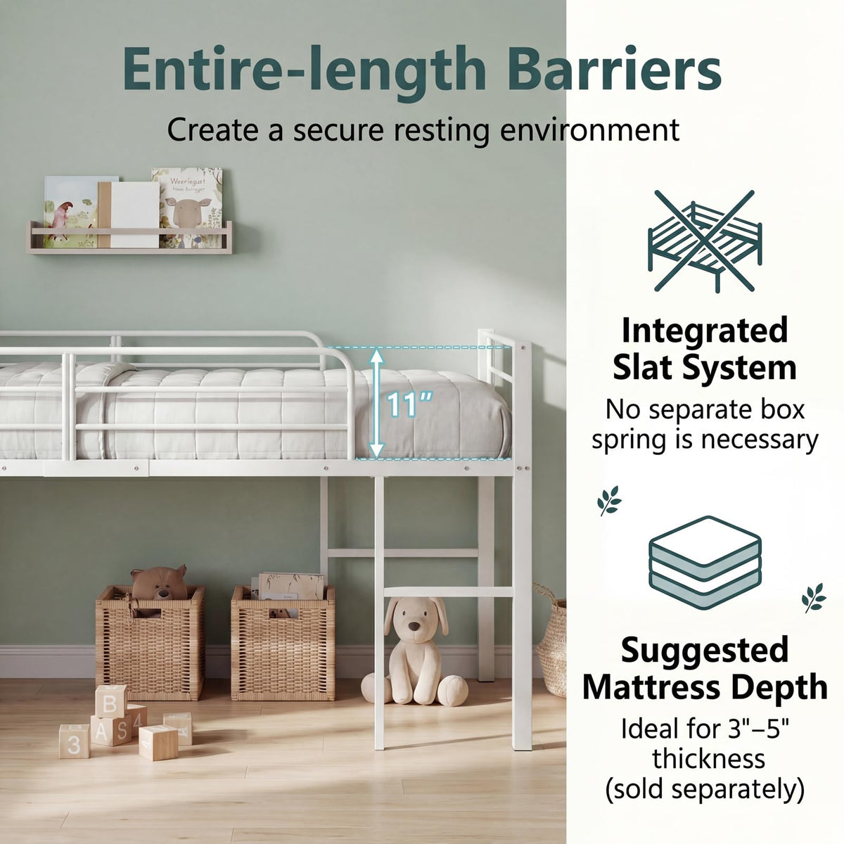 Goflame Twin Low Loft Bed | Metal Bed Frame with 21.5" H Under-Bed Space