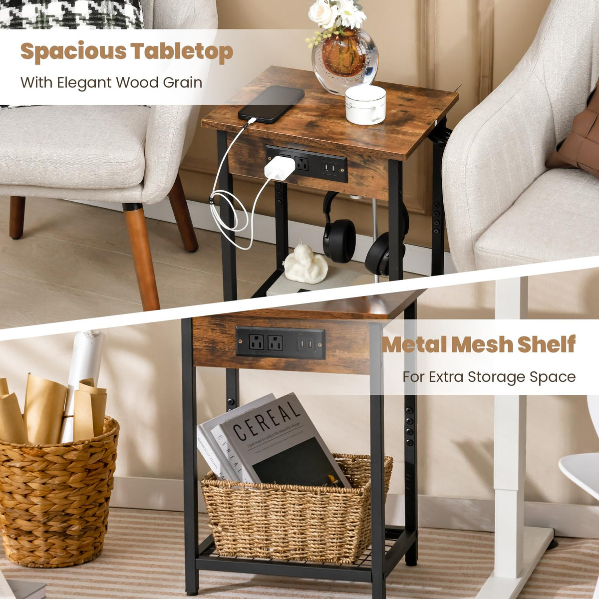 Goflame Nightstand Set of 2 with Charging Station