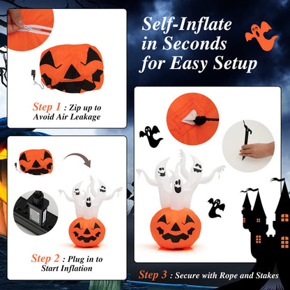 6FT Halloween Inflatable Decorations, 3 White Ghosts on Pumpkin