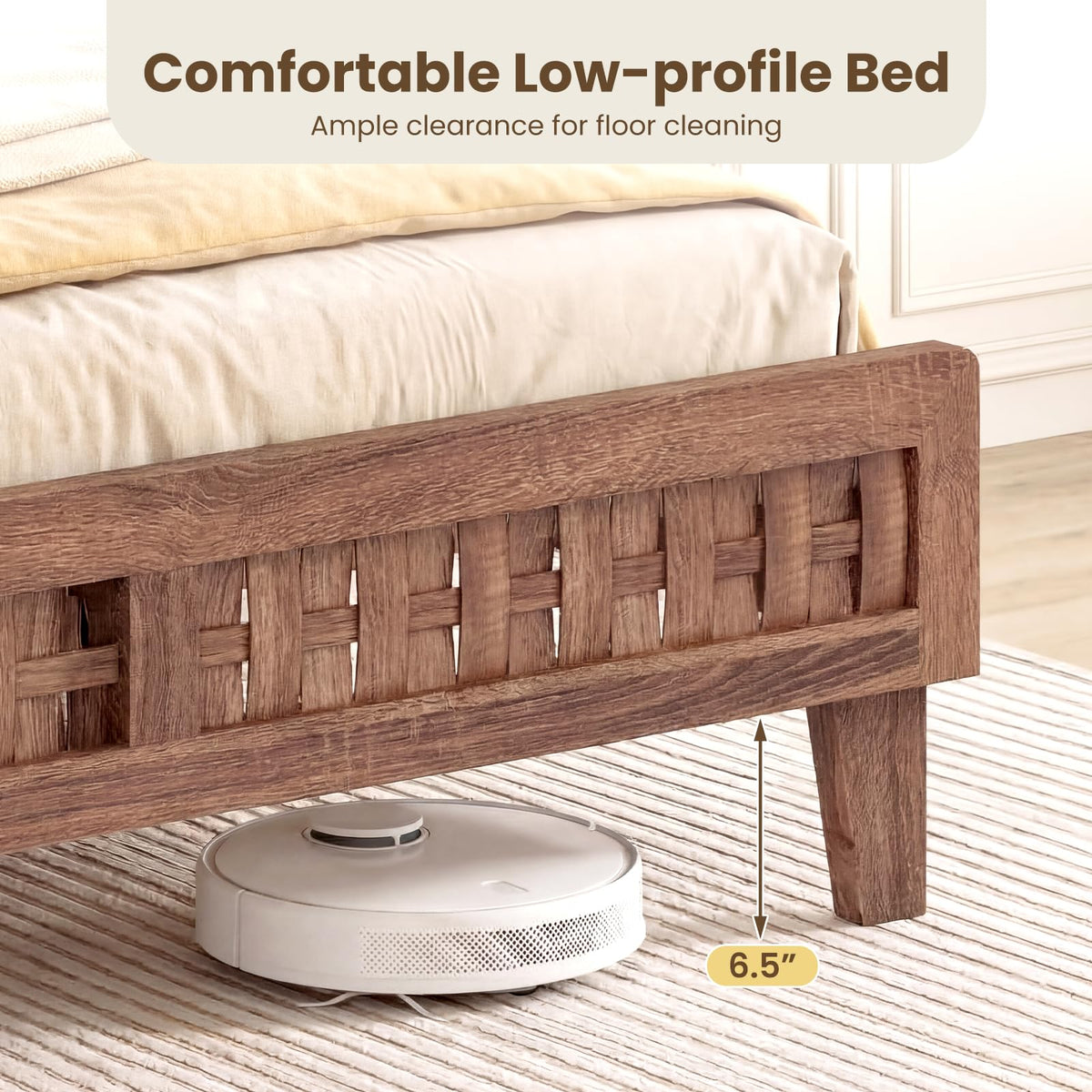 Goflame Wood Bed Frame with Woven Headboard (Full/Twin/Queen)