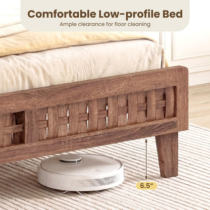 Goflame Wood Bed Frame with Woven Headboard (Full/Twin/Queen)