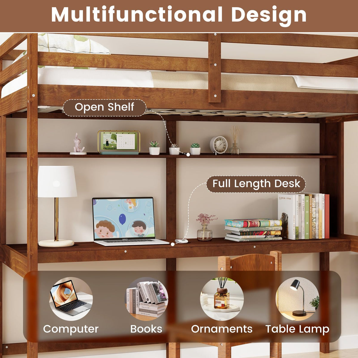Goflame Twin Loft Bed with Desk and Bookshelf, Wooden Bed Frame with Safety Guardrail & Ladder