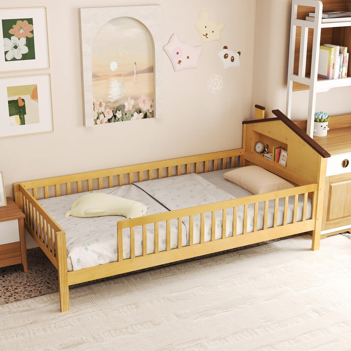 Goflame Twin Bed Frames for Kids, Solid Wood Montessori Bed with House-Shaped Headboard & Built-in Storage Shelf