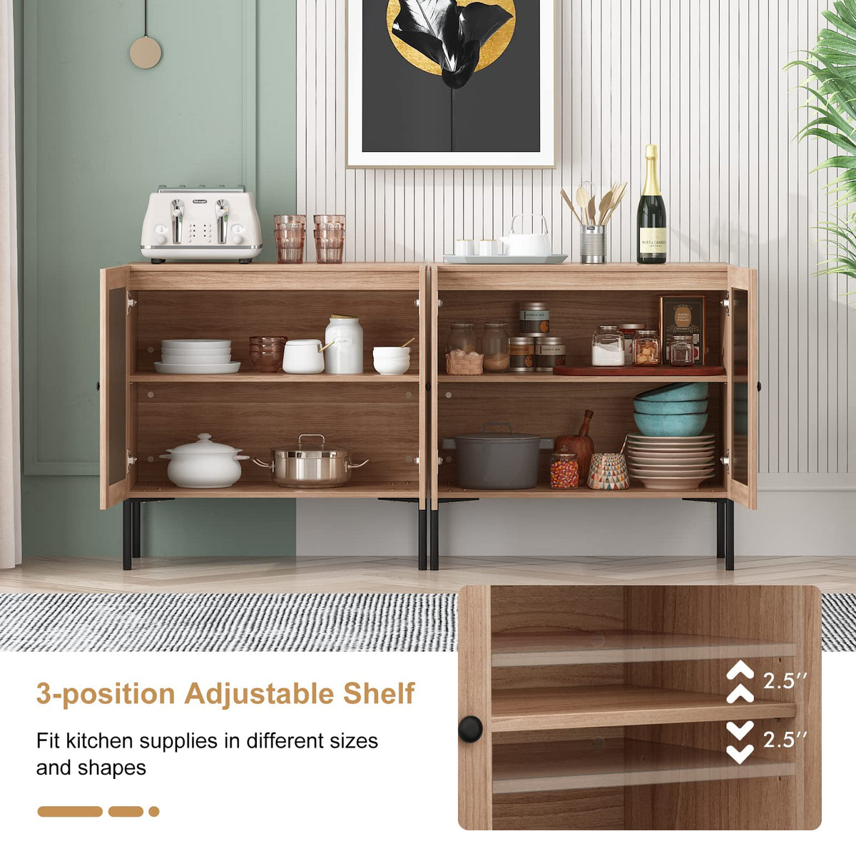 Goflame Buffet Cabinet, Wood Sideboard Storage Cabinet with Rattan Door, 3-Position Adjustable Shelf
