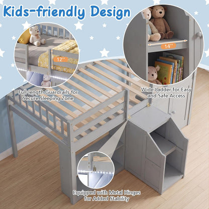 Goflame Low Loft Bed Twin Size with LED Lights, Wooden Bed Frame