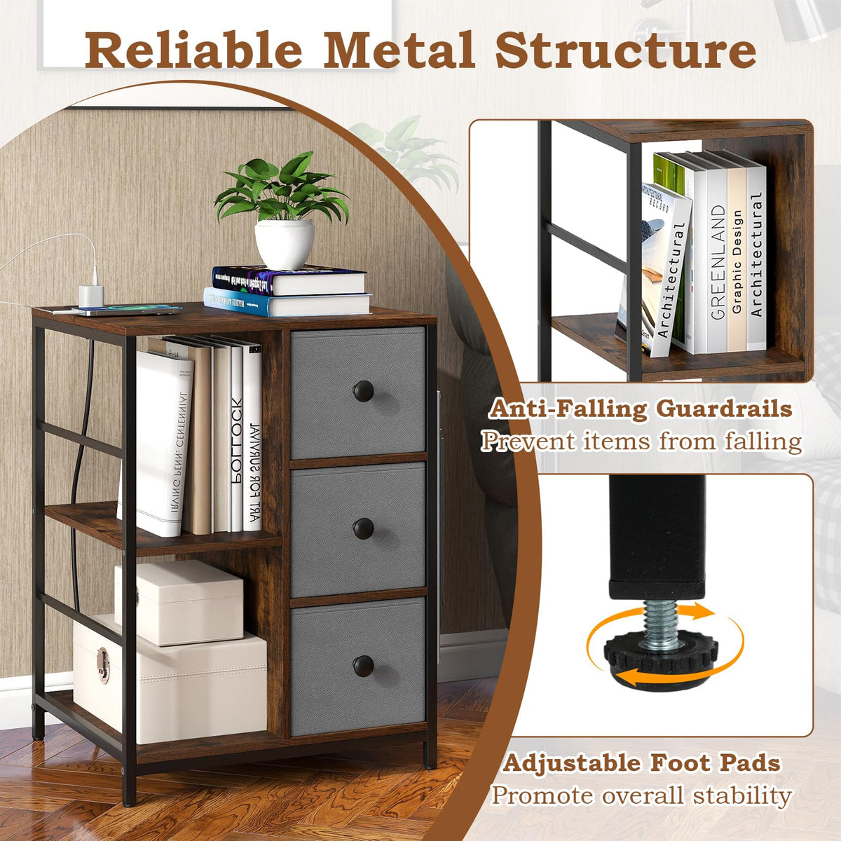 Goflame Industrial Nightstand with Charging Station - End Side Table w/3 Fabric Drawers