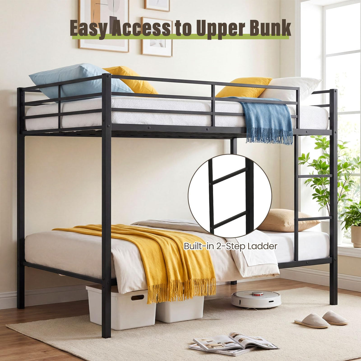 Goflame Heavy-Duty Metal Bunk Bed Full Over Full with Ladder & Full Length Safety Guardrail