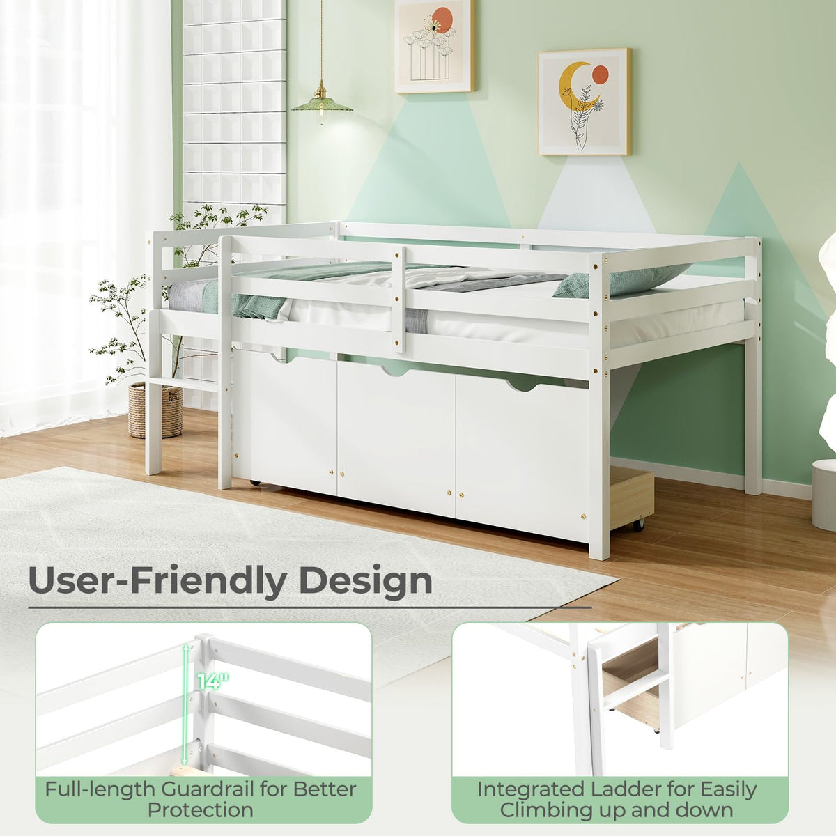 Goflame Twin Low Loft Bed with 3 Drawers, Wooden Loft Bed Frame with Ladder & Full-length Guardrails