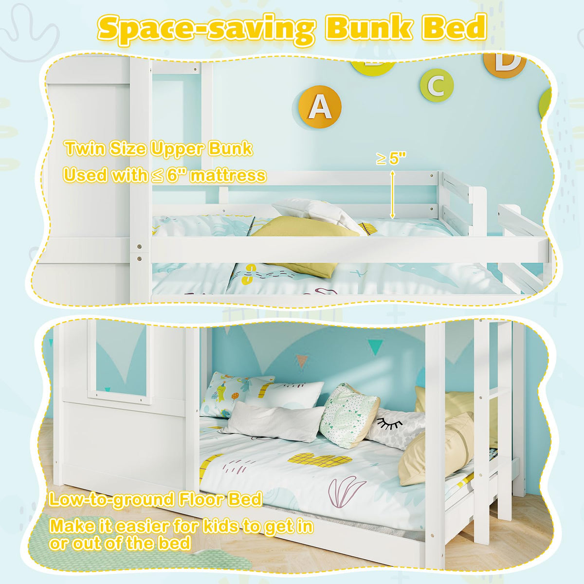 Goflame House Bunk Bed Twin Over Twin, Solid Wood Floor Bunk Bed with Built in Ladder, Window & Safety Guardrail