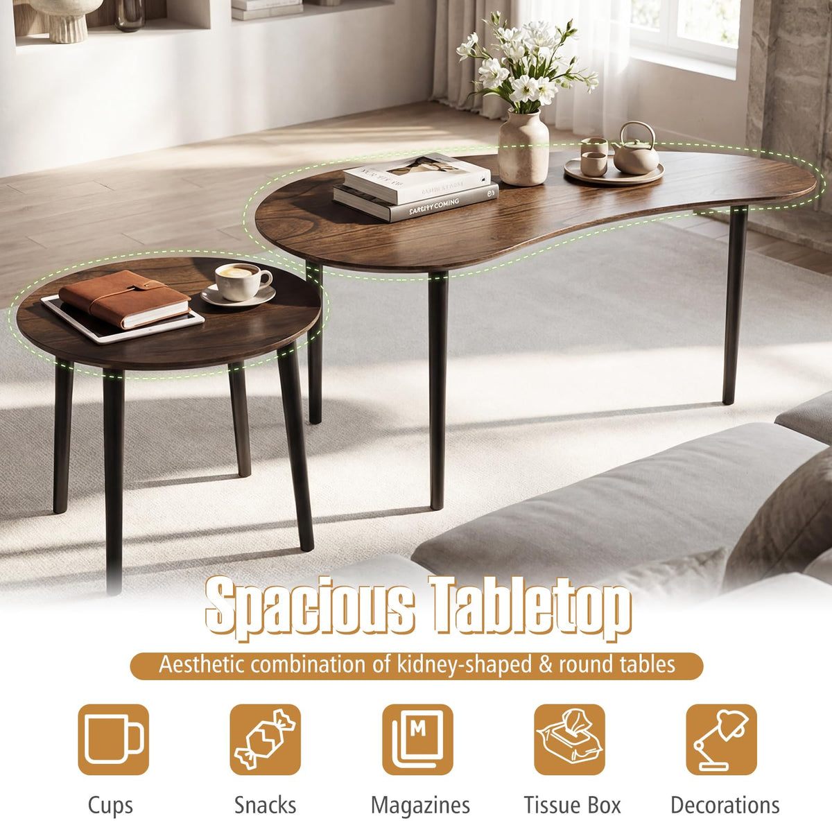 Goflame Nesting Tables Set of 2 | Mid Century Modern Coffee Tables with Solid Wood Support Legs