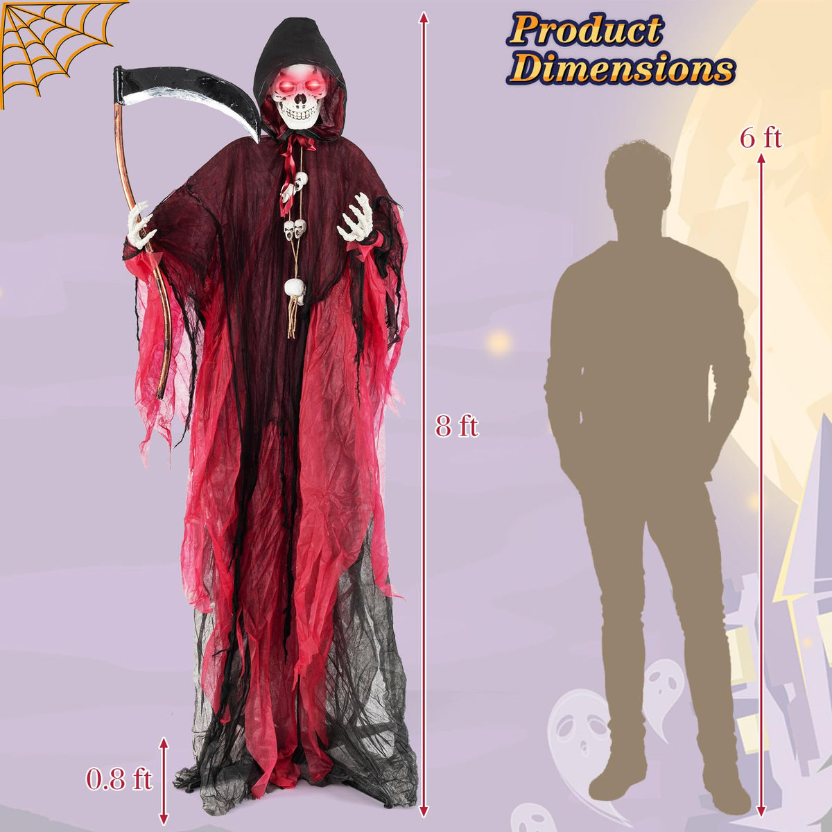 Goflame 8 Ft Halloween Animatronics, Sound & Touch Activated Grim Reaper with Sickle, Glowing LED Eyes & Scary Voices