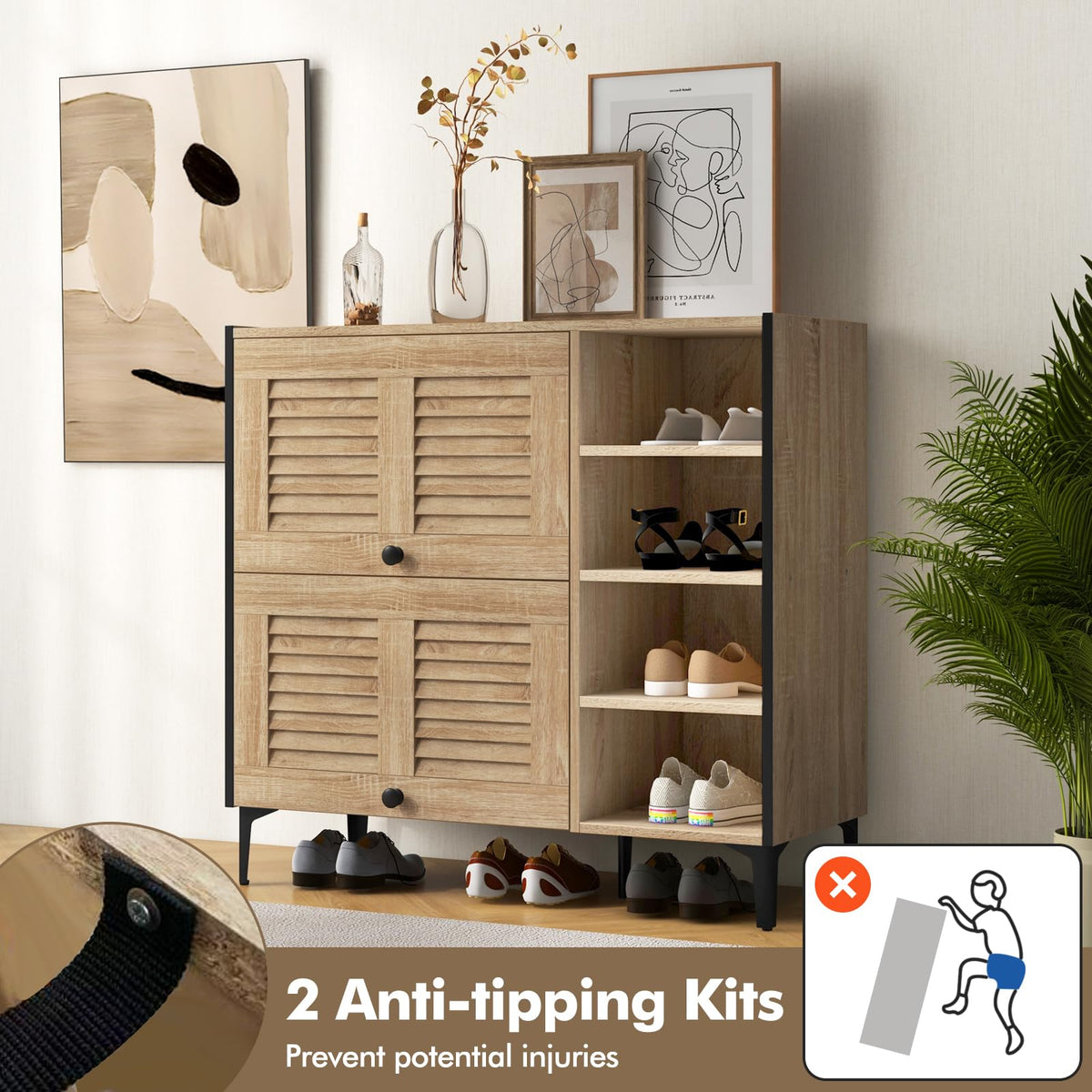 Goflame Shoe Cabinet with Flip & Slide Doors, Shoe Storage Cabinet with Adjustable Cube Shelves(Louvered Doors)