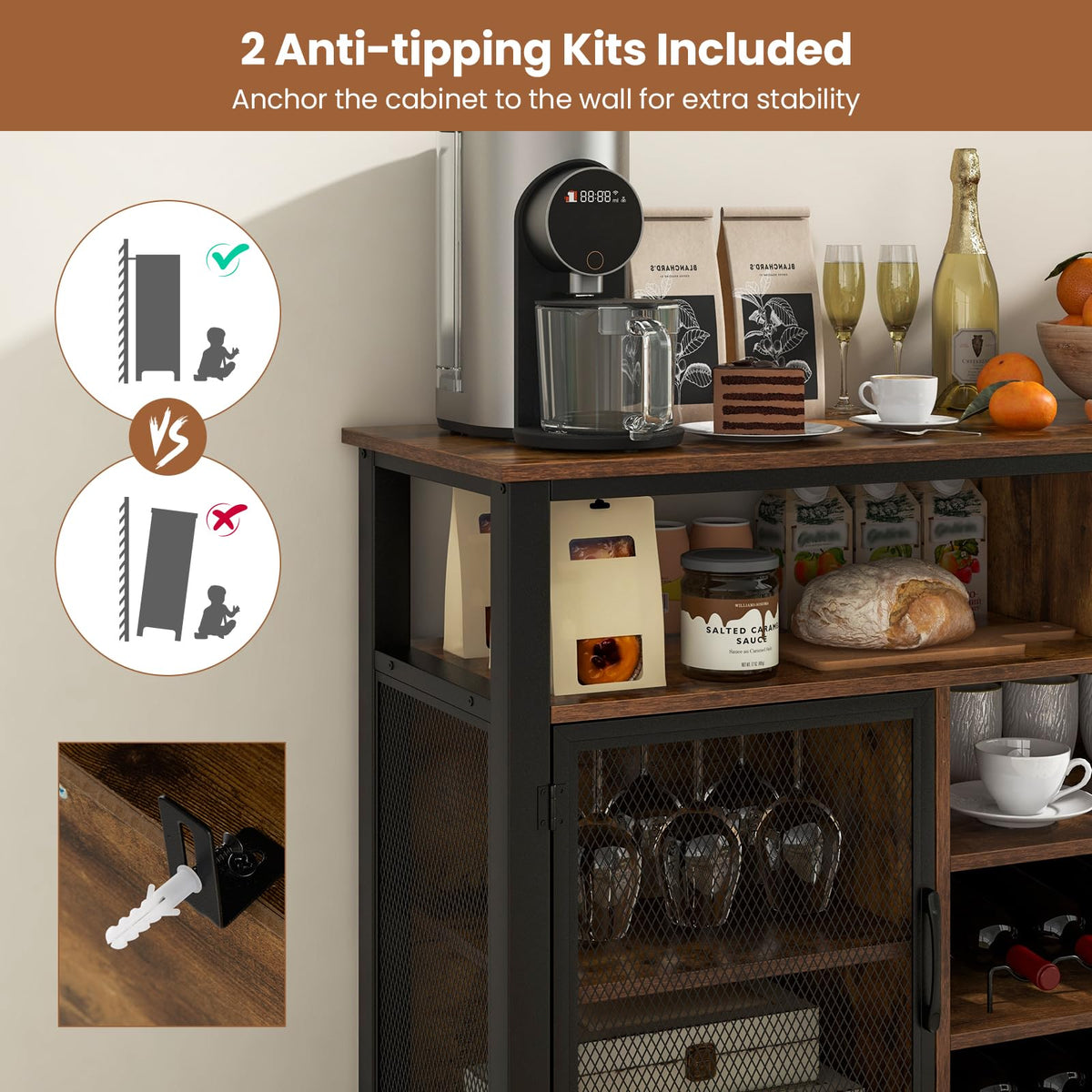 Goflame Coffee Bar Cabinet for Liquor and Glasses, 55” Buffet Sideboard with 8-Bottle Wine Racks, 6 Rows of Wine Glass Holders