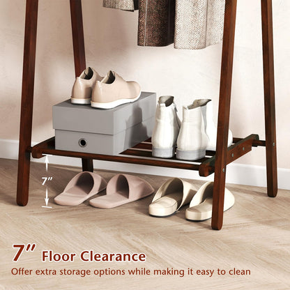 Goflame Folding Rubber Wood Clothes Hanging Rack Standing Garment Rack with Bottom Storage Shelf