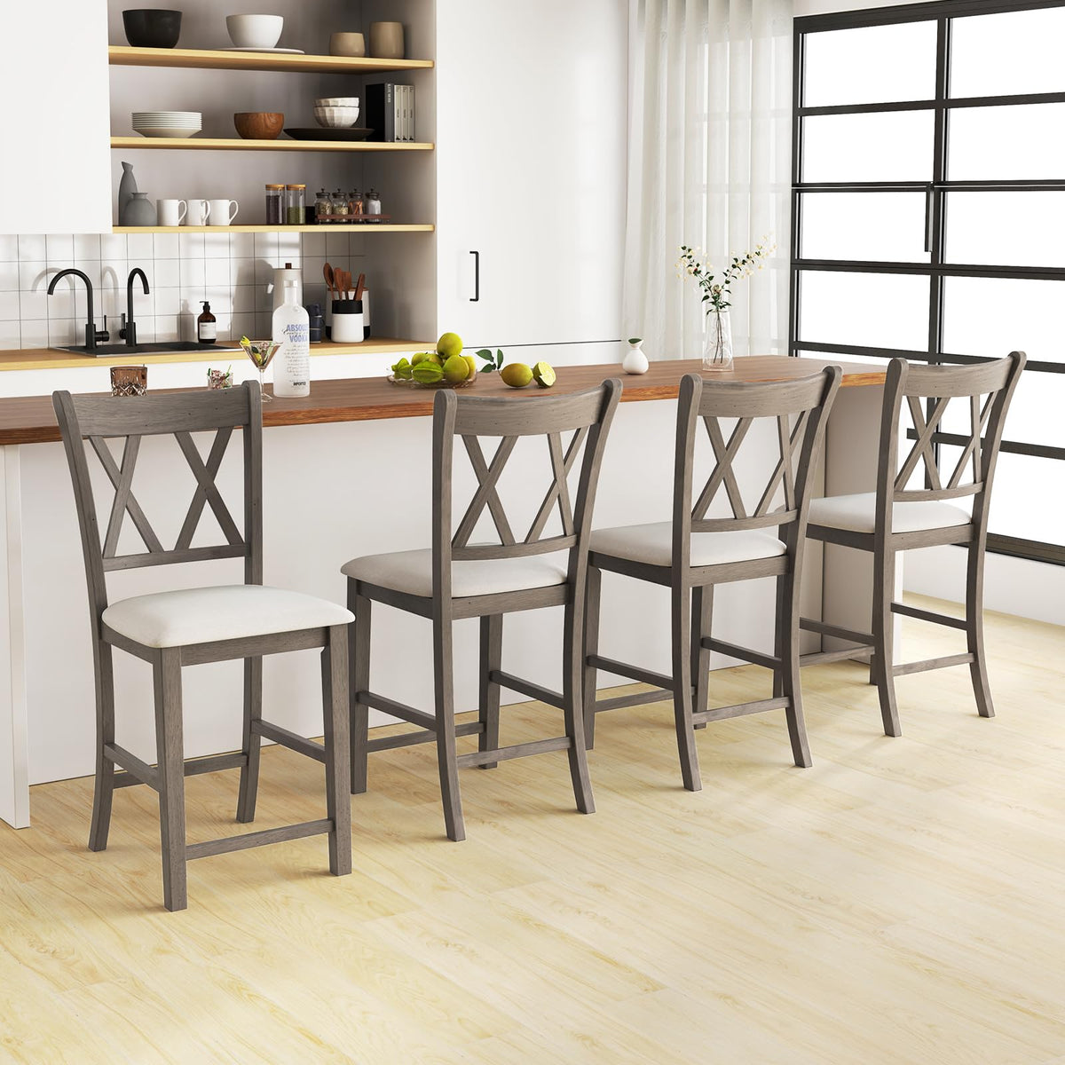 Goflame Wood Bar Stools Set of 2/4, 24" Counter Height Bar Stools w/Cross Back & Linen Fabric Upholstered Seat