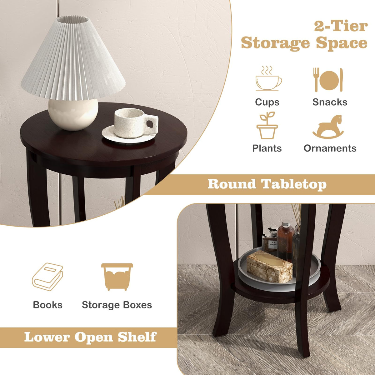 Goflame Round End Table with Storage Shelf Set of 2, Retro Nightstand with Solid Wood Legs, 24.5" Accent Table for Small Spaces