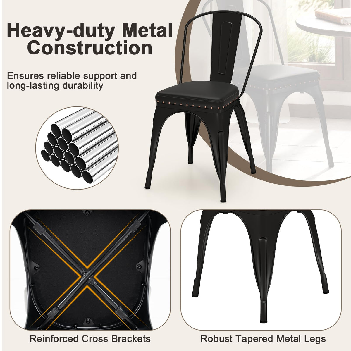 Goflame Metal Dining Chairs Set of 4 with Detachable Backrest & PU Leather Padded Seat