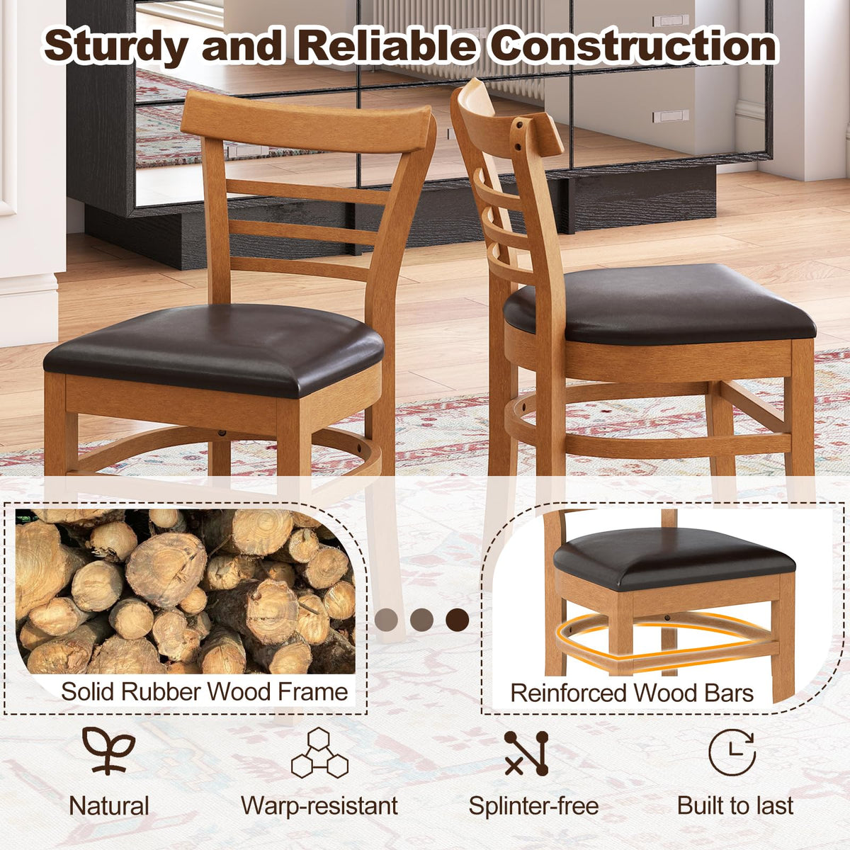 Goflame Wooden Dining Chairs Set PU Leather Upholstered Kitchen Chair w/Rubber Wood Legs