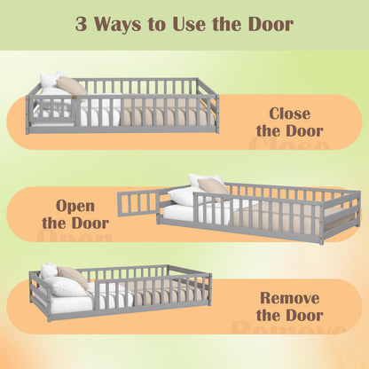 Goflame Twin Floor Bed with Door & Fence, Kids Wood Montessori Bed with Safety Guardrails