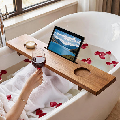GOFLAME 35" Wood Bathtub Tray with Slots, Adjustable Width