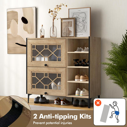 Goflame Shoe Cabinet with Flip & Slide Doors, Shoe Storage Cabinet with Adjustable Cube Shelves(Decorative Doors)