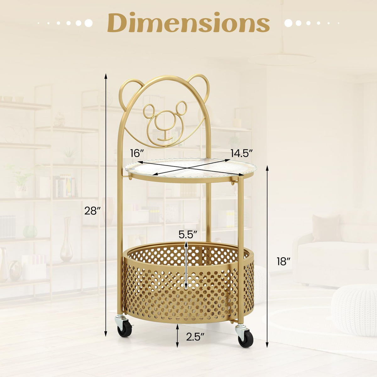 Goflame Mobile Glass Coffee Table, 2-Tier Round End Table with Bear Pattern, Storage Basket, Metal Frame