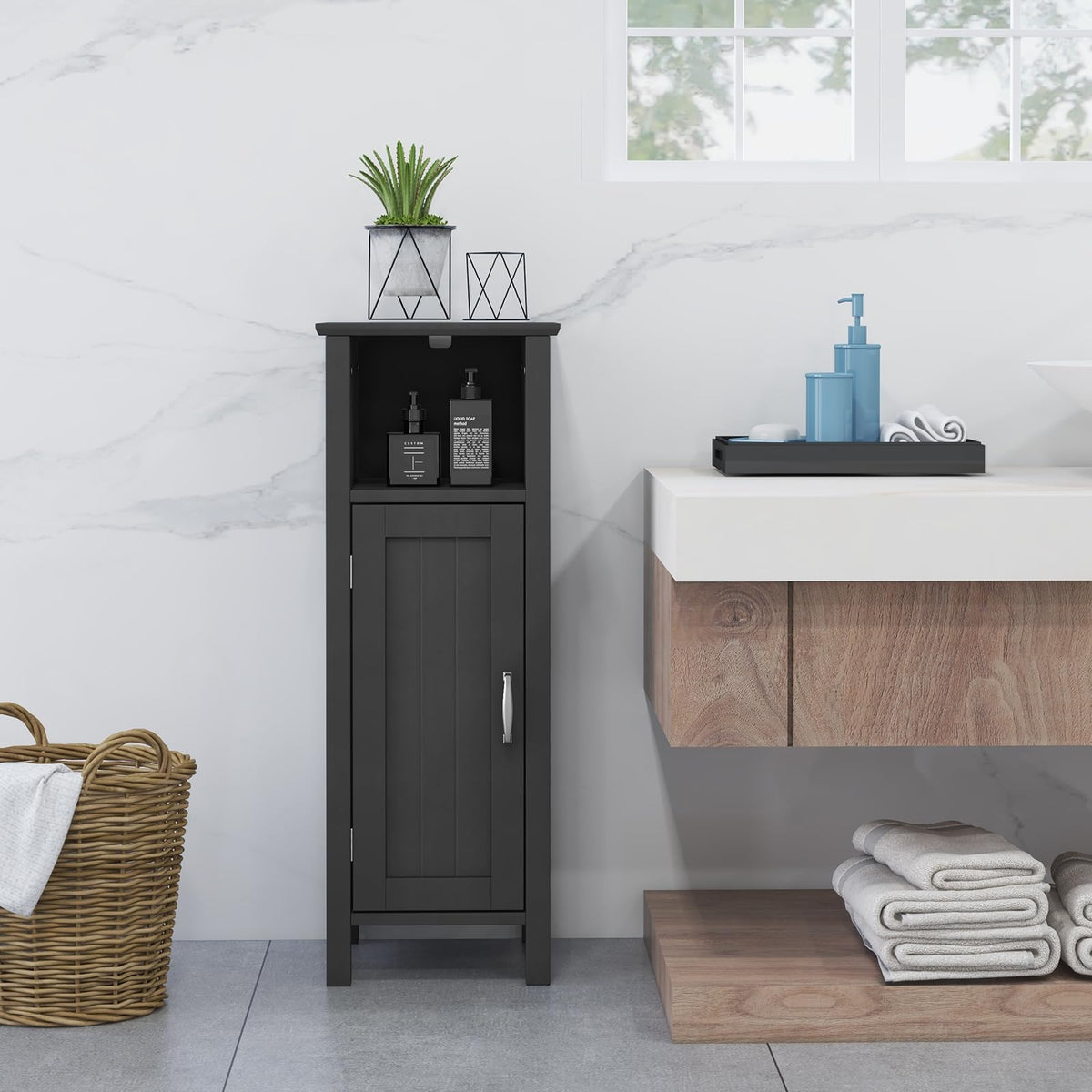 Goflame Narrow Bathroom Storage Cabinet - Corner Unit with Open Compartment, Adjustable Shelf
