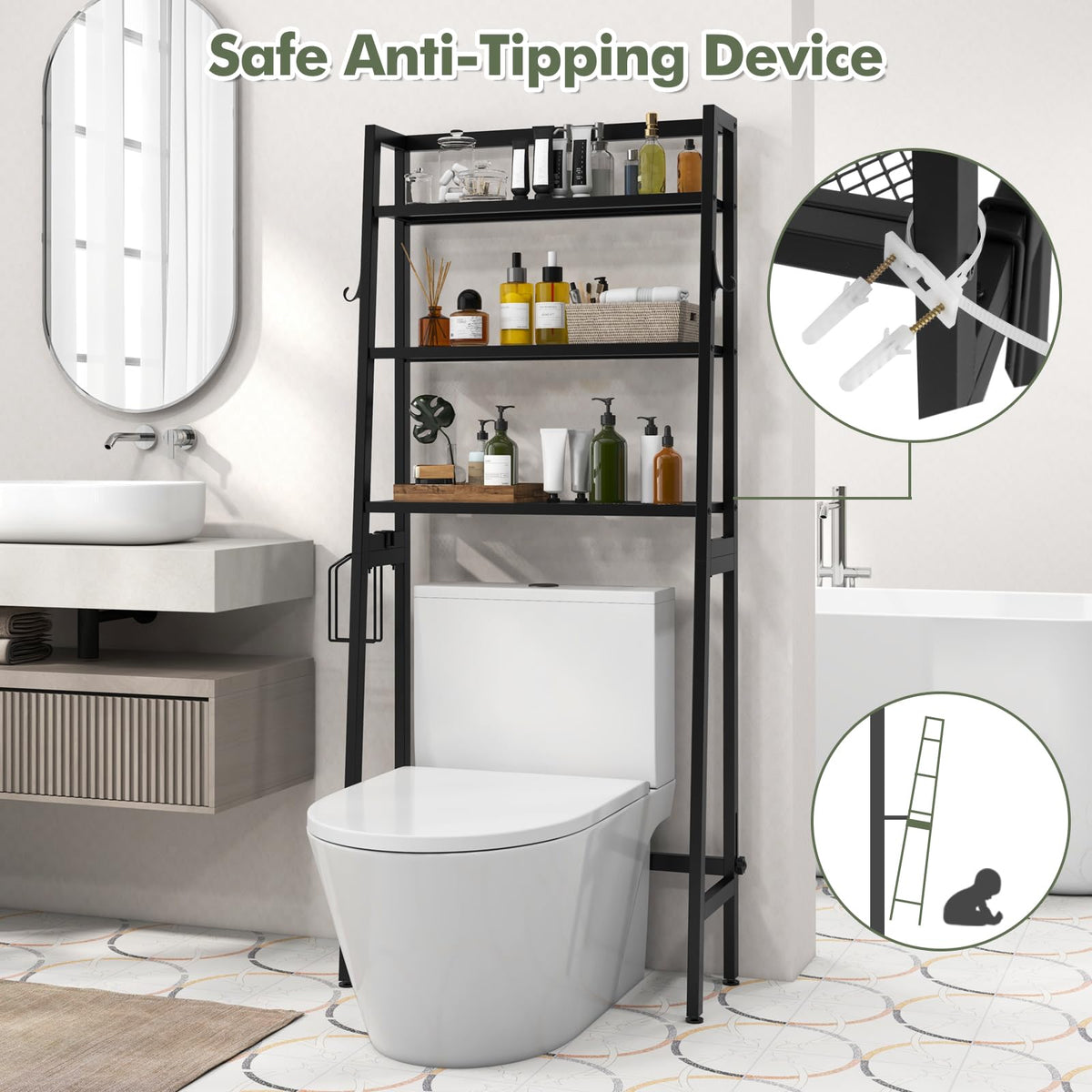 Goflame Over The Toilet Storage Shelf - 3-Tier Freestanding Above Toilet Rack