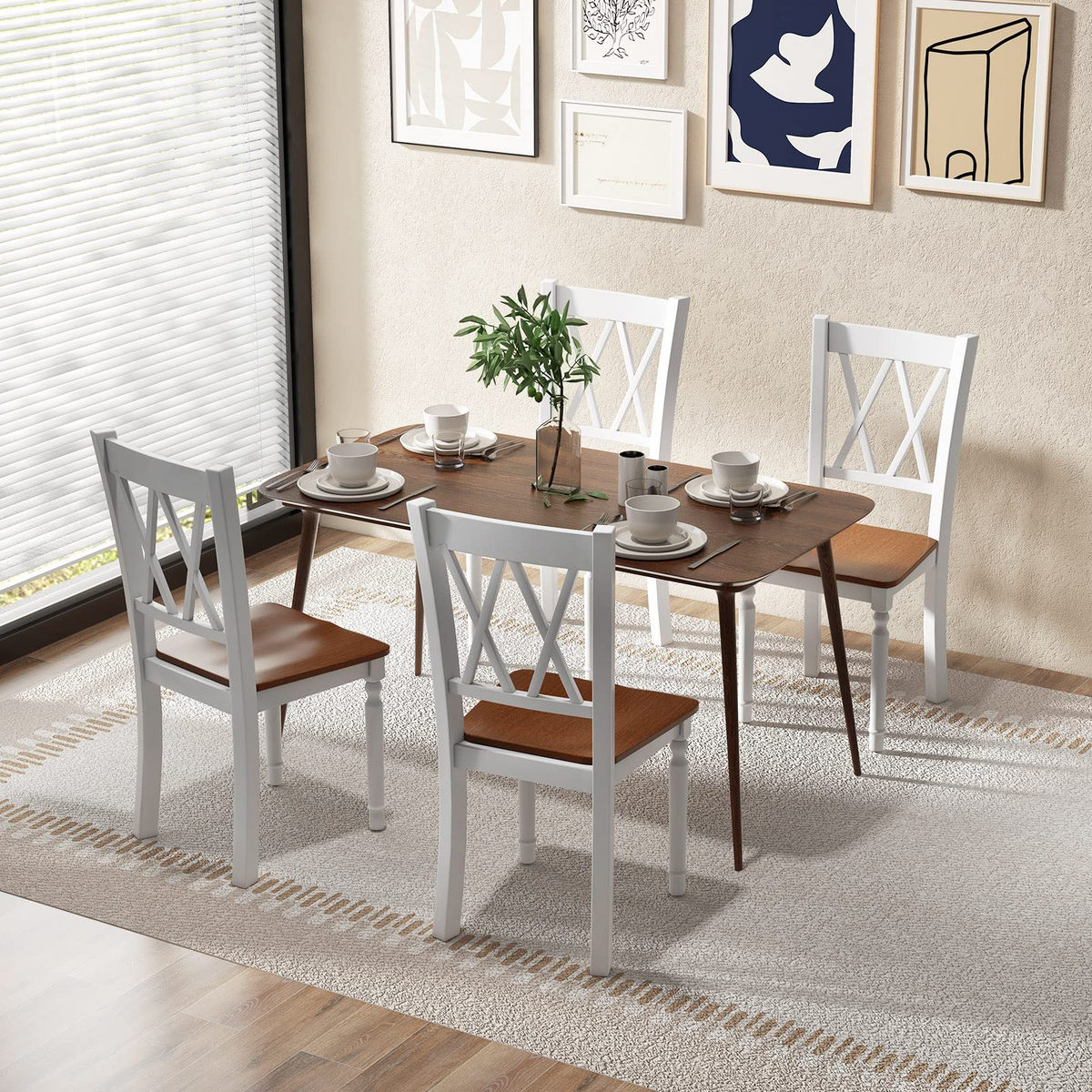 Goflame Dining Room Chairs Set of 4 White - Wooden Farmhouse Kitchen Chairs with Rubber Wood Seat