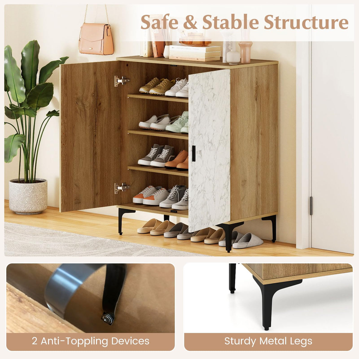 Goflame Shoe Cabinet 4-Tier Wooden Shoe Rack Cabinet(Marble Pattern Door)