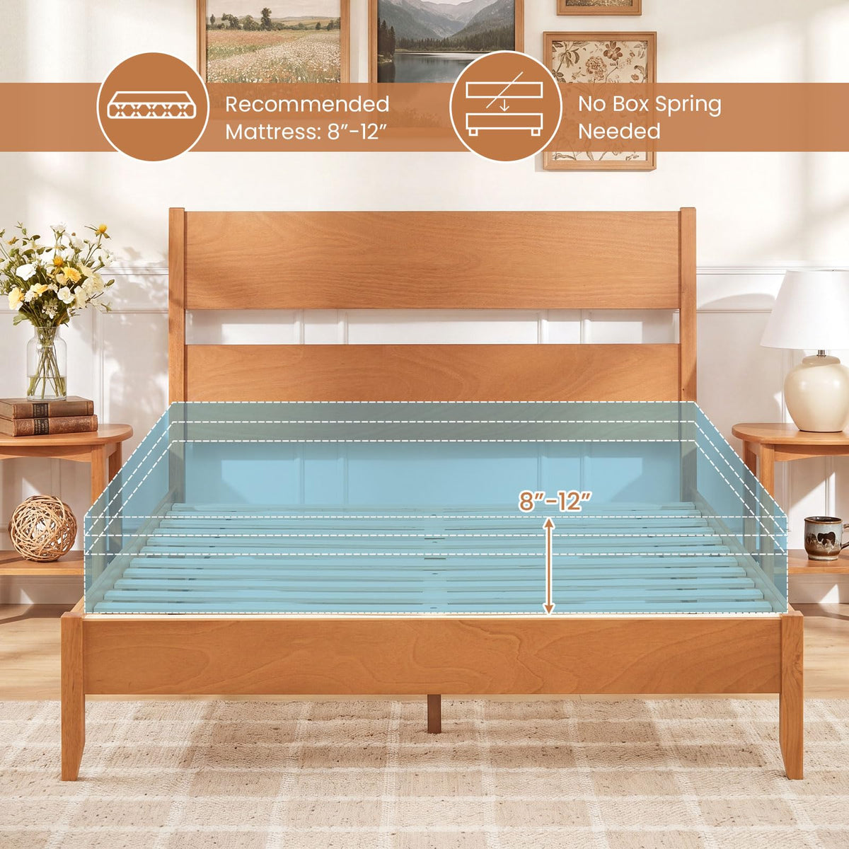 Goflame Queen/Full/Twin Size Wooden Bed Frame with Slatted Headboard