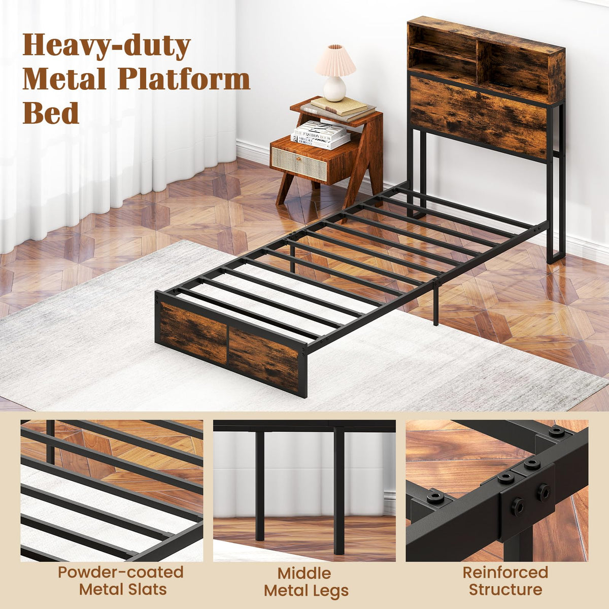 Goflame King/Queen/Twin Size Bed Frame with Storage Headboard and Charging Station, Industrial Metal Platform Bed