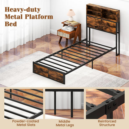 Goflame King/Queen/Twin Size Bed Frame with Storage Headboard and Charging Station, Industrial Metal Platform Bed