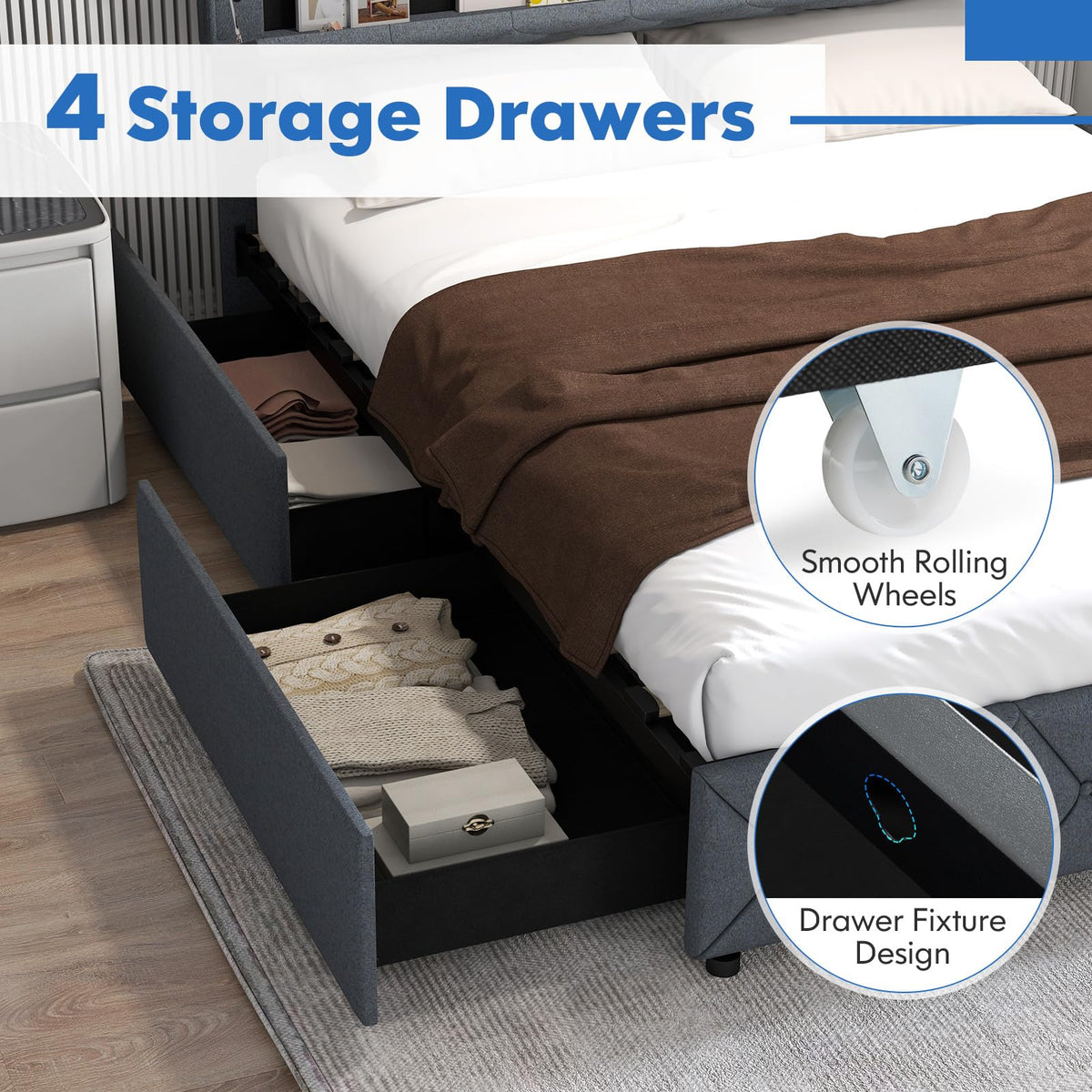 Goflame Queen/Full Size Bed Frame with Storage Headboard and 4 Drawers, Modern Upholstered Platform Bed with Charging Station