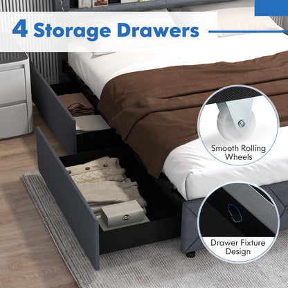 Goflame Queen/Full Size Bed Frame with Storage Headboard and 4 Drawers, Modern Upholstered Platform Bed with Charging Station