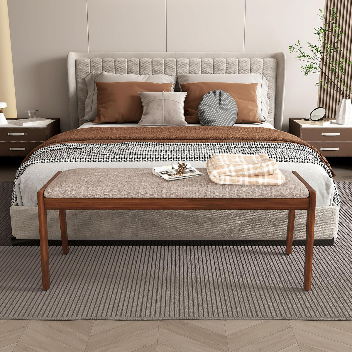 Goflame 45" Upholstered Entryway Bench with Rubber Wood Legs and Fabric Padded Seat