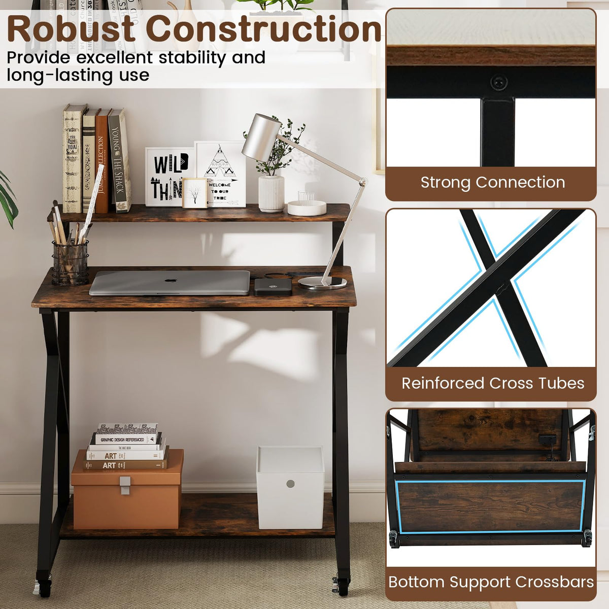 Goflame Rolling Small Desk with Storage | Compact Computer Desk for Small Spaces with Charging Station