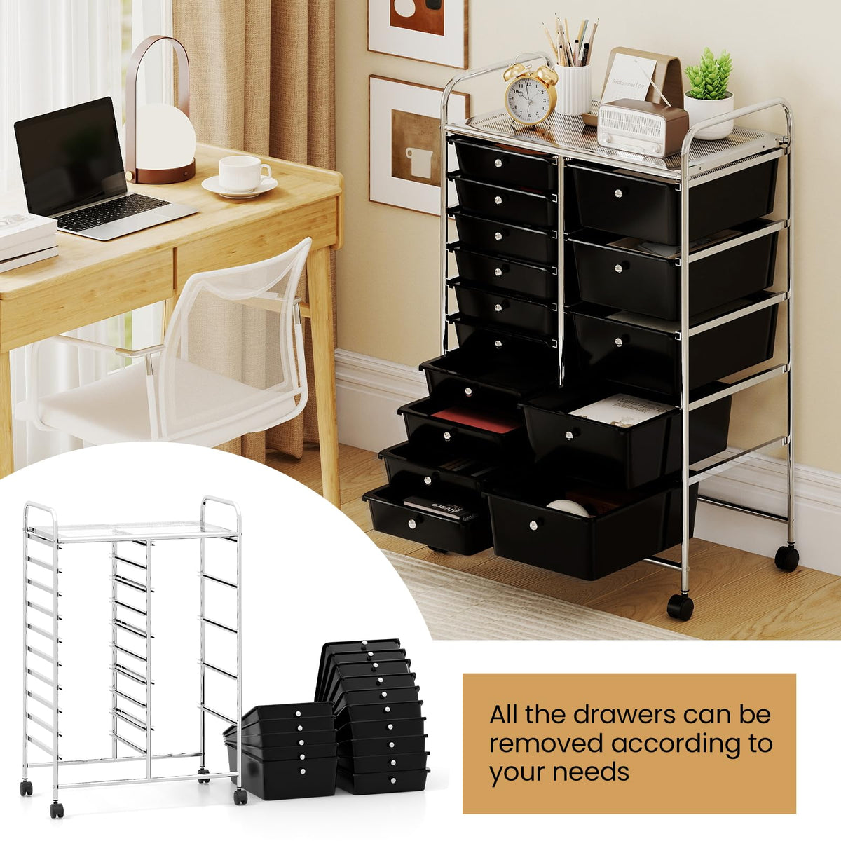 Goflame Rolling Storage Cart 15-Drawer Trolley with Chrome Plated Metal Frame