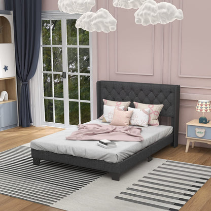 Goflame Queen/Full/Twin Size Bed Frame with Button Tufted Headboard, Modern Fabric Upholstered Platform Bed with Wingback Design, Grey